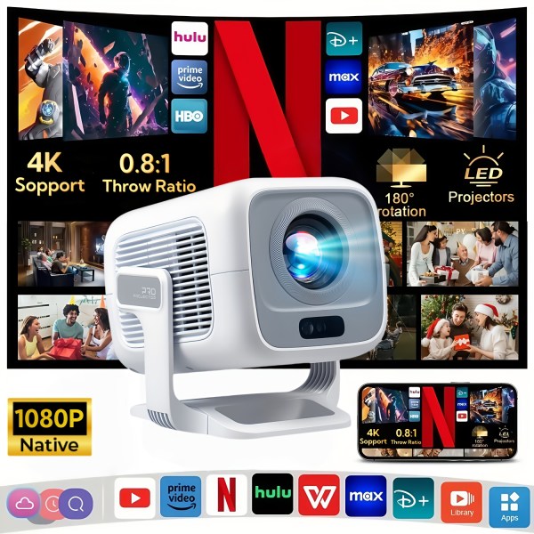 Portable Smart Projector – WiFi 6 Home Cinema Projector with Auto Focus & 600 ANSI
