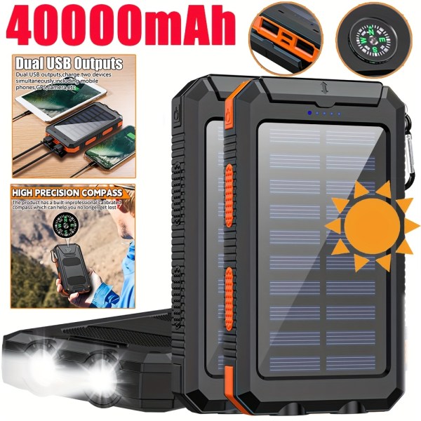 40000mAh Solar Power Bank – Portable Fast Charging Battery Pack with Dual USB & LED Flashlight